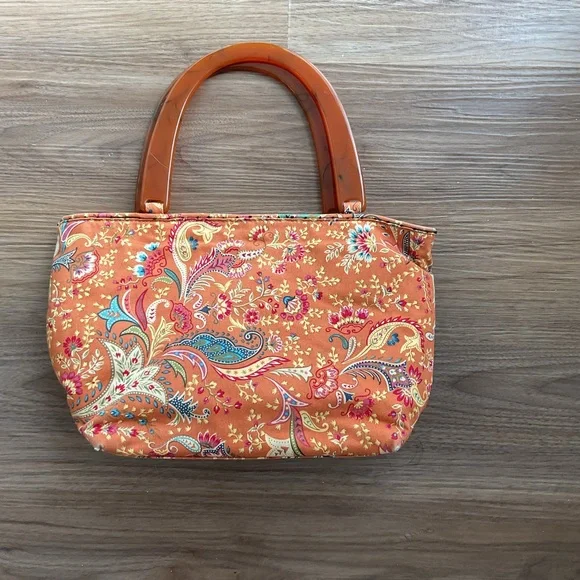 Talbots orange paisley print cotton purse with tortoise-colored plastic Handle - Picture 3 of 6